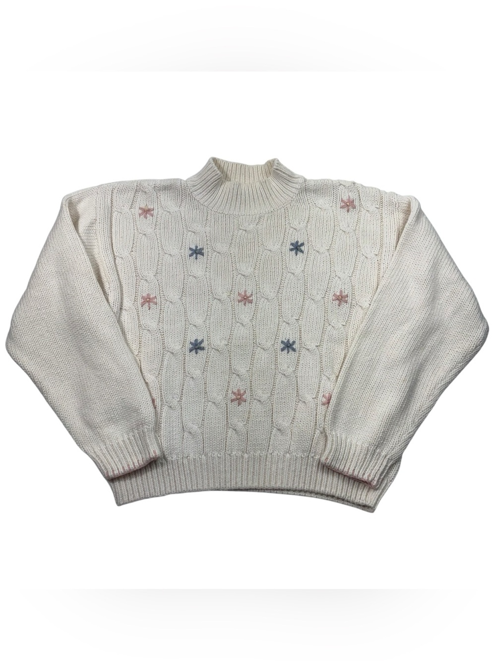 Vintage 90s Grannycore Cable Knit Floral Embroidered Mock Neck Sweater Small S